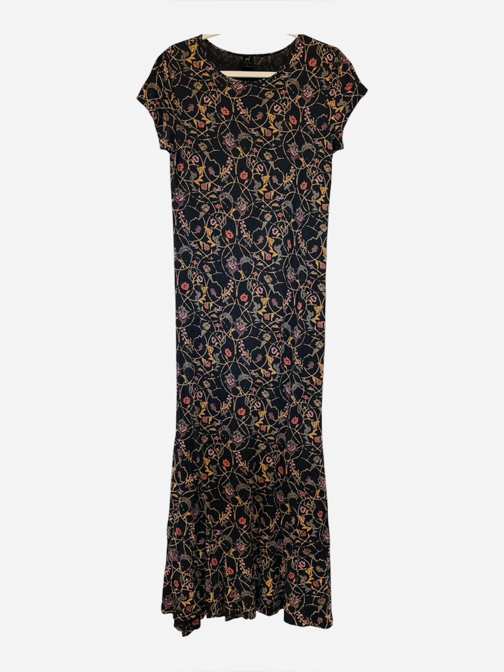 Peruvian Connection Black Floral Short-Sleeve Maxi Dress with Pink & Tan Accents
